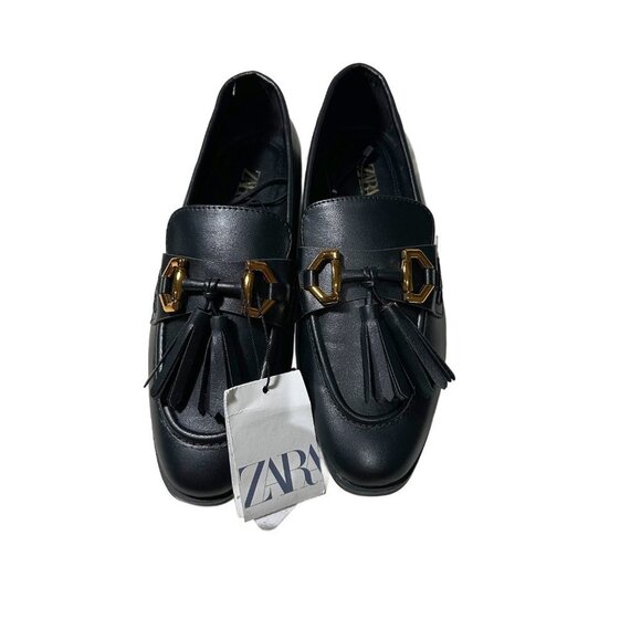 NEW Zara Women's MOCASSIN WITH TASSEL Black/Gold Loafers - Picture 10 of 10